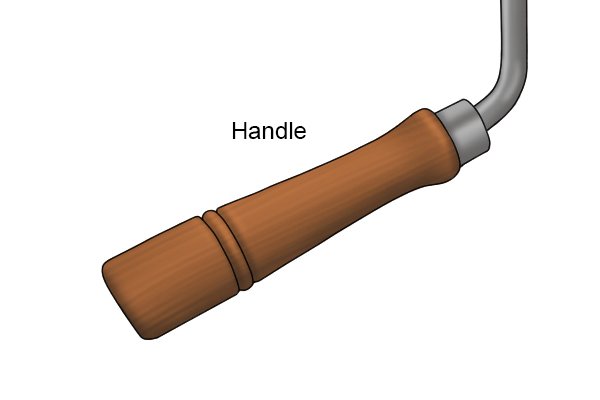 Parts of a gooseneck web stretcher; handle. The handle of the gooseneck web stretcher is used to pull the tool down to stretch out the webbing