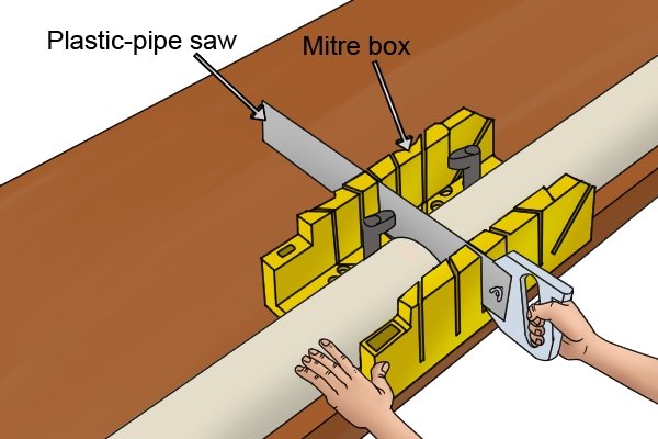 Wonkee Donkee Plastic pipe saw and mitre box being used to achieve a perfectly straight cut on a plastic pipe