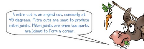 Wonkee Donkee says, "A mitre cut is an angled cut, commonly at 45 degrees. Mitre cuts are used to produce mitre joints. Mitre joints are when two parts are joined to form a corner."