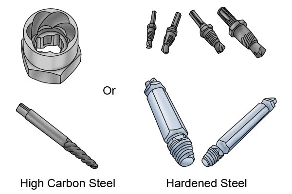 When choosing an extractor, hardened steel would be the best material, as it is stronger than standard high carbon steel because of its heat treatments. High carbon steel is often the main material used to make bolt grips. 
