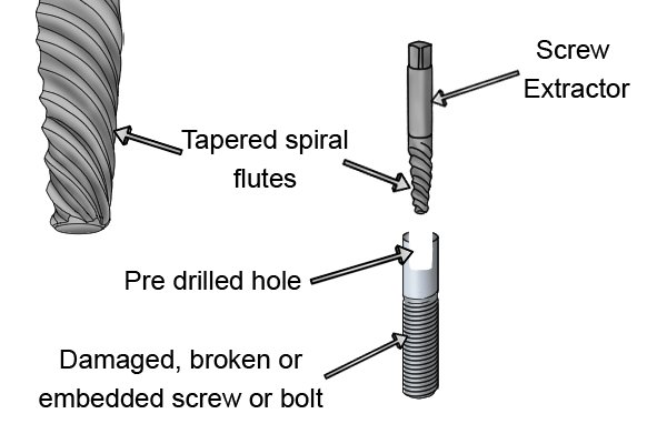 The spiral flutes have to fit into a pre-drilled hole to be able to grab the screw or bolt. A screw extractor is able to fit into a pre-drilled hole because of its tapered flutes. 