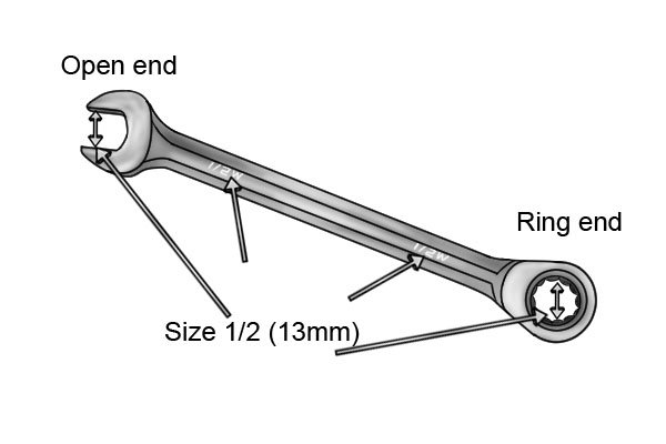 Spanners come with open ends, ring ends or both together. They do the same job, however, the ring makes the grip more secure. Available spanner sizes are:   1/4 - 6 mm 5/16 - 8 mm 3/8 - 10 mm 7/16 - 11 mm 1/2 - 13 mm 9/16 - 14 mm
