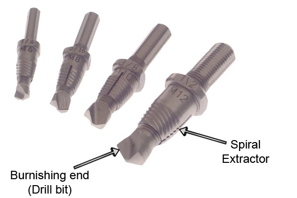 This bolt remover has a burnishing end and an extractor in one tool. The burnishing end reshapes the inside of the damaged head of the bolt you are removing. It is used with a drill so you can efficiently and quickly remove bolts with the use of only one tool. Choose this type of extractor when wanting to remove mainly bolts, but it will also remove screws, studs and fasteners. 