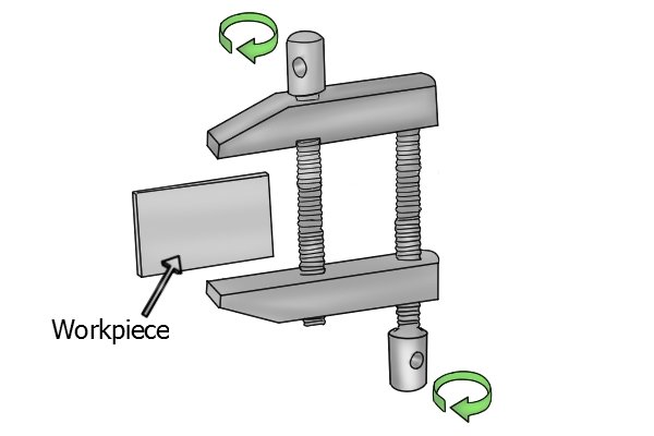 The jaws of the clamp are parallel meaning your work piece will fit comfortably between the upper and lower jaw, depending on how flat your work piece is.