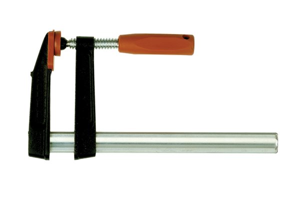 An F-Clamp is also known as a bar clamp, speed clamp and sometimes G-clamp. It gets its name from its "F" shaped frame. The F-clamp is very similar to the C-clamp in use, however, it usually comes with a larger capacity. It is typically used in woodwork when attachments are being made with screws or glue. It is also commonly used in metalwork to hold pieces of welding or bolting.