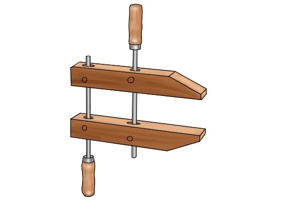 Handscrew clamps are made from hardwood. They can be angled using the screws and are designed for rounded pieces or small items as well as regular square-sided work. Their hardwood jaws can clamp delicate parts without marking. 