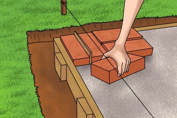 Laying patio, slabs, bricks, sand landscaping, wonkee donkee tools Brick lines, how to lay patio