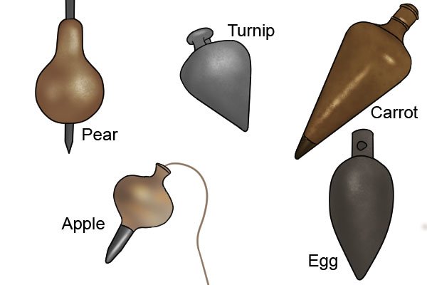 Various naturally shaped plumb-bobs, plumb bob, marking tools, plumb line, wonkee donkee DIY guide how to use a plumb bob