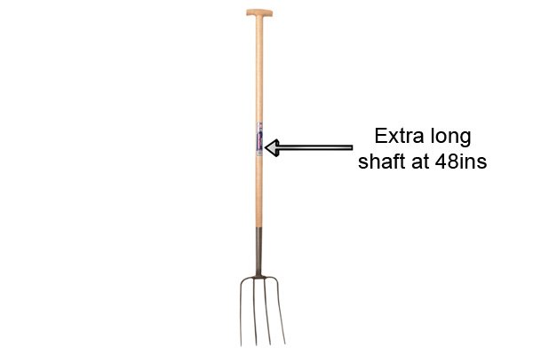 The shaft is 48 inches and ideal for additional leverage when turning over mountains of compost!