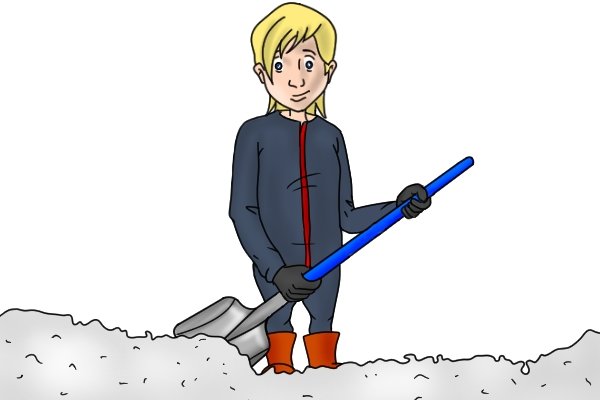 Holding a long shovel