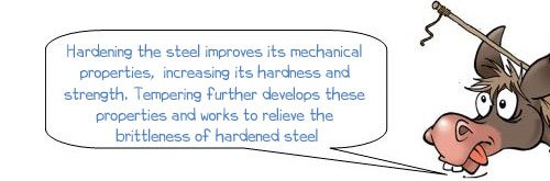 Wonkee Donkee says: 'Hardening the steel improves its mechanical properties, increasing its hardness and strength. Tempering further develops these properties and works to relieve the brittleness of hardened steel.'