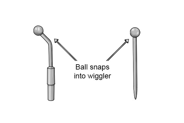Each probe has a ball on one end which snaps into the body of the wiggler.