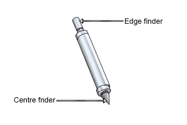 Double end edge finders, or combination edge finders and centre finders, incorporate two tools in one. Whilst they can be used in the same way as single end edge finders, the conical end of the combination edge finder functions as a centre finder.