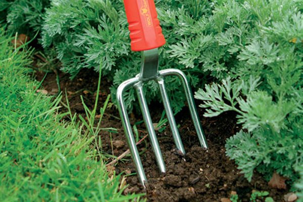 Hand fork tines penetrating soil, hand fork, aerating soil with hand fork