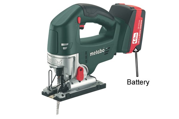 Cordless jigsaw with battery labelled