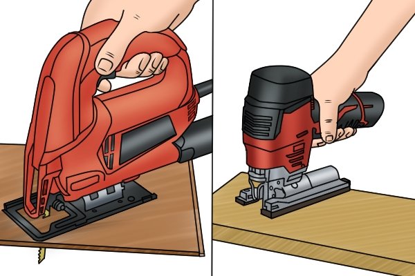 Holding both types of jigsaw handle: holding a barrel grip jigsaw and holding a top handle jigsaw