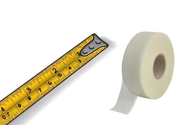 Tape measure; sizes; length; width; plasterboard joint tape; scrim tape