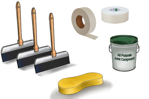 Set of taping knives, paper jointing tape, scrim tape, jointing compound and a sponge