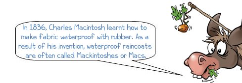 Wonkee Donkee says: 'In 1836, Charles Macintosh learnt how to make fabric waterproof with rubber. As a result of his invention, waterproof raincoats are often called Mackintoshes or Macs.'