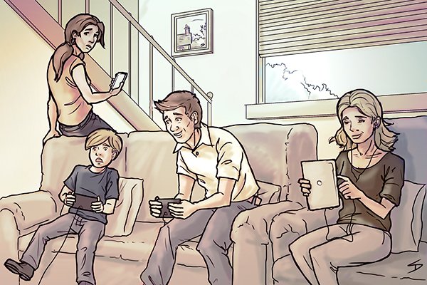 family using electrical devices at home