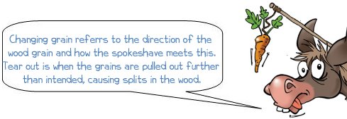 Changing grain referrs to the direction of the wood grain and how the spokeshave meets this. Tear out is when the grains are pulled out further than intended, causing splits in the wood.