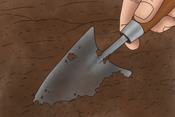 dig small hole in soil with trowel 