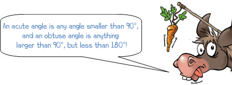 Wonkee Donkee says: An acute angle is anything smaller than 90°, and an obtuse angle is anything larger than 90°, but less than 180°!