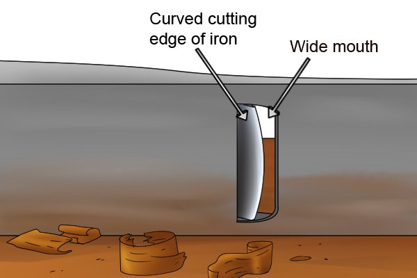 Wide mouth and curved iron of a scrub plane