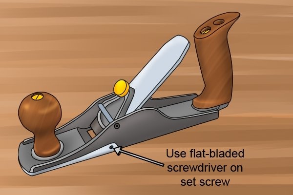 Set screw of a scrub plane for lateral blade adjustsment