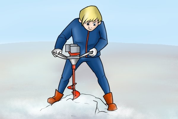 Taking up a secure stance for drilling with an ice auger