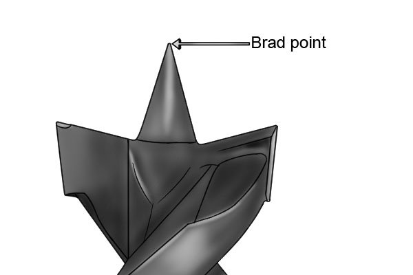 Labelled image of a brad point, which is usually found at the end of a wood bit.