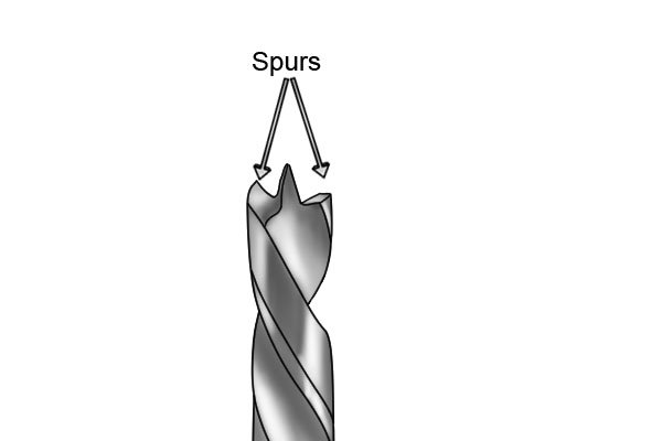 Brad point bit with the spurs labelled to indicate location