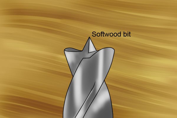 A softwood brad point bit, with rounded spurs to apply even pressure to softwood grain and prevent tear out