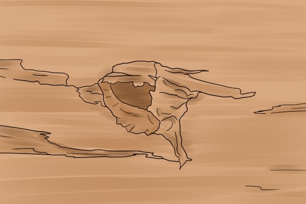 An illustration of tear out caused by a hardwood brad point bit in soft wood