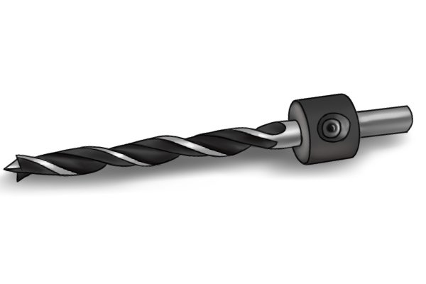 A brad point drill bit with a depth stop attached to make it possible to drill to an accurate depth in an opaque material