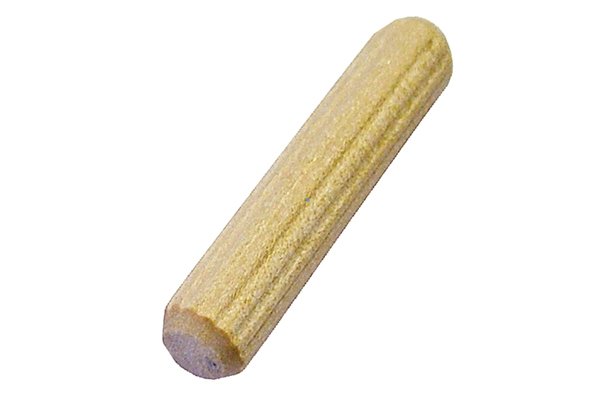 A dowel peg with flutes scored into its sides to allow space for glue inside a dowel joint