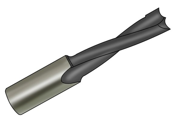 Close up of a carbide tipped brad point bit, which can be used to bore through plastic or fibreglass without dulling quickly