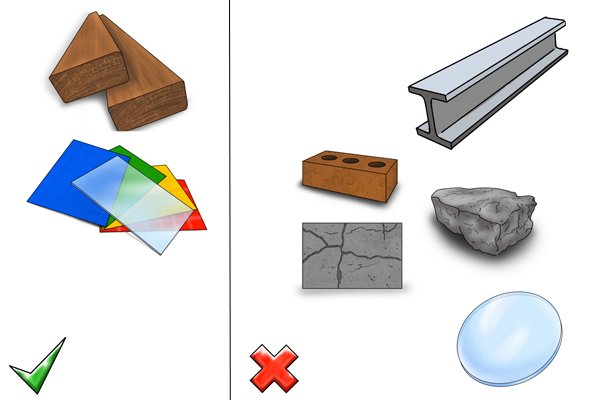 Image showing that expansive bits can bore through wood and plastic, but not ceramic, concrete, brick, metal or glass