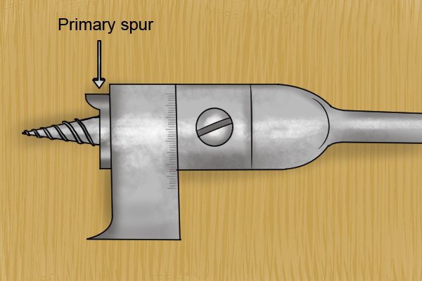 Labelled diagram showing the location of the primary spur on an expansive bit