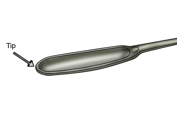 The tip of a spoon bit which is used to create a circular depression in a workpiece that will keep a spoon bit on course