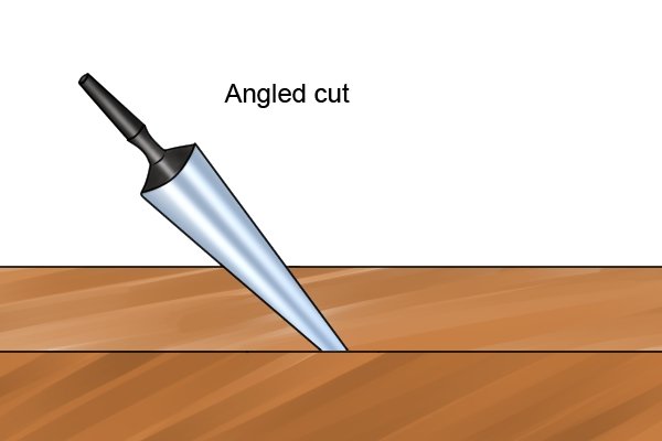 Image of a tapered spoon bit making an angled cut in a piece of material
