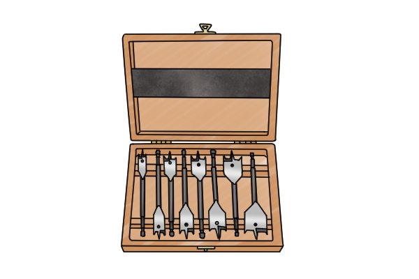 Spade bits stored in a wooden case