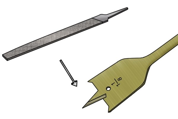Direction to sharpen the centre point of your spade bit with a mill file