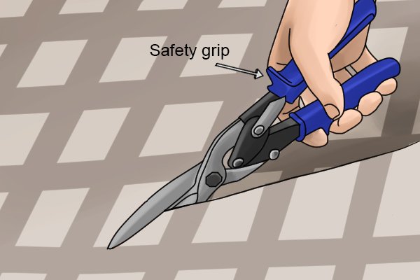 The grips on the handle of aviation snips stop the users hand from slipping towards the blade