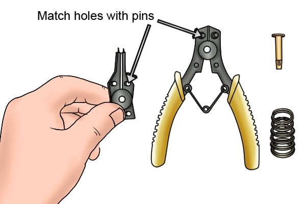 Circlip pliers with replaceable heads can be set up to work as internal pliers or external pliers