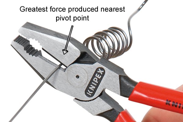 Pliers exert the greatest force from the jaws nearest to the pivot point, this is usually where the cutter is positioned on combination pliers