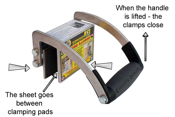 Gripper door or board carriers can carry plywood or plaster board. The handle is lifted to close the clamps