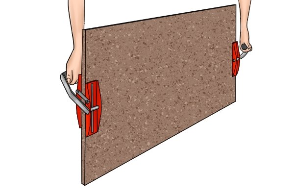 Stone carry clamps are door or board carriers which clamp the edge of a material to transport it easily