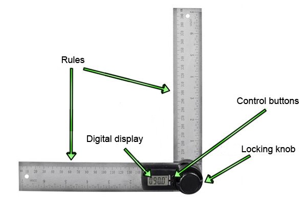 Digital angle rules consist of two rulers, a digital display, a locking knob, hanging holes, an on / off button and a zero button to reset the display