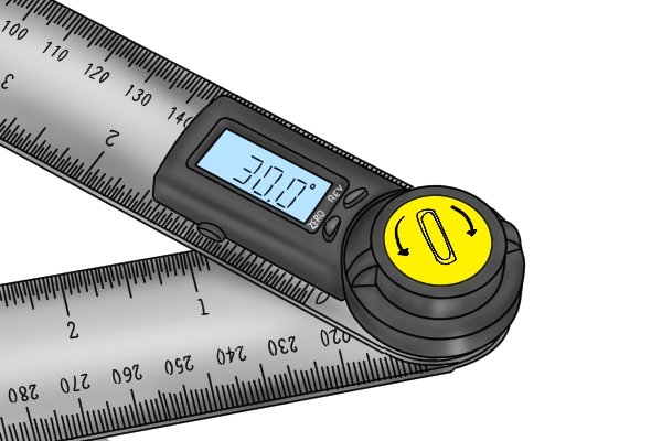Digital angle rule have a display screen which shows the angle being measured